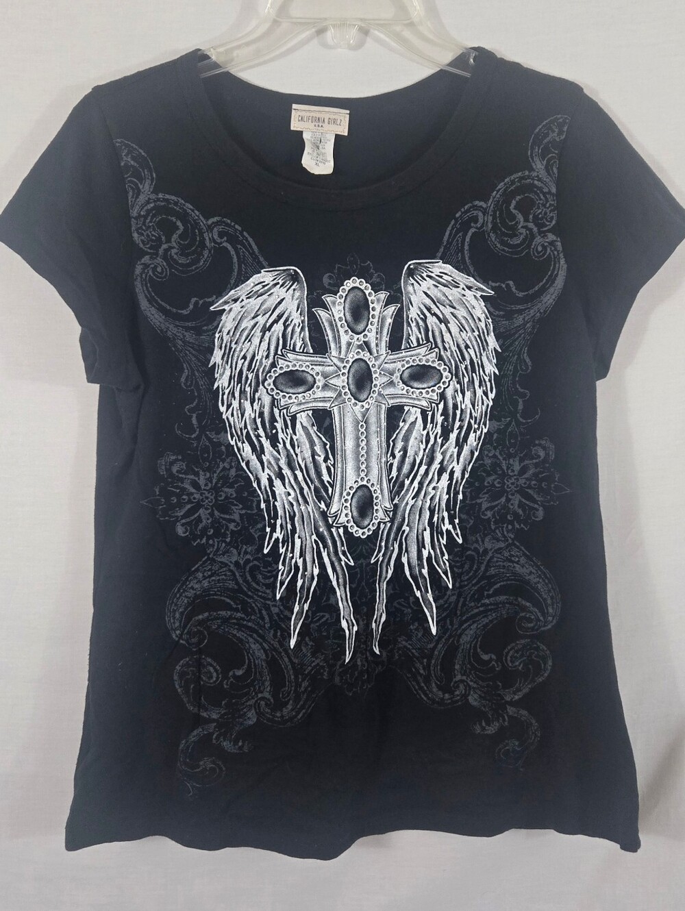 Vintage Y2K California Girlz Jr's Black Sequin Gothic Cross Wings T-shirt Sz XL